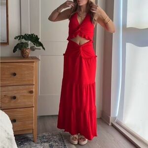 Red Plunge Neck Halter Top and Tiered Ruched Maxi Skirt Set